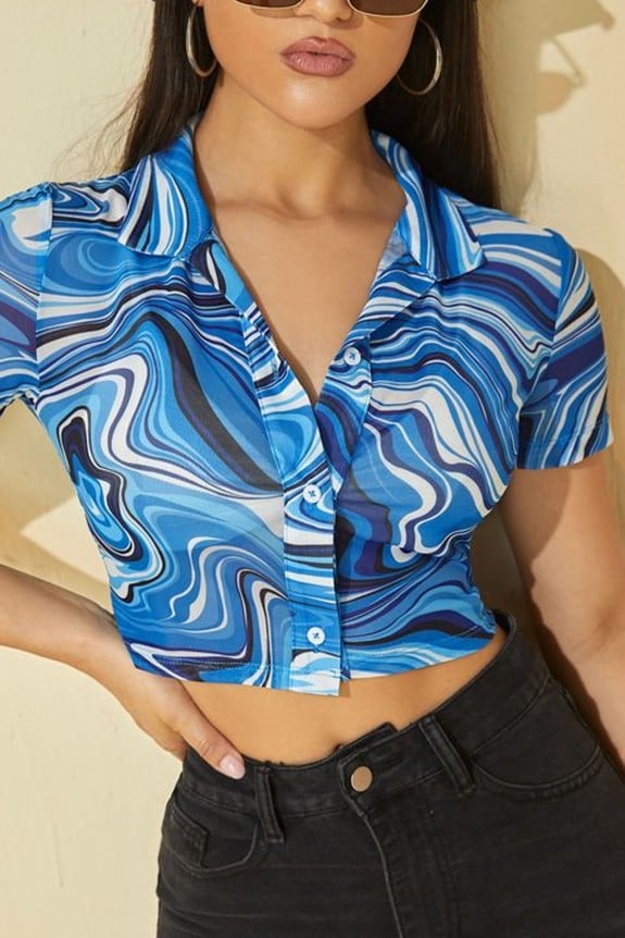 Blue Abstract Print Crop Top