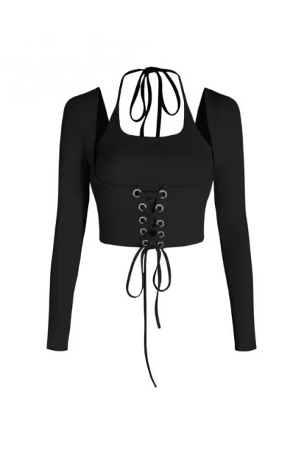 Corset Style Tie Around Full Sleeve Ribbed Black Top
