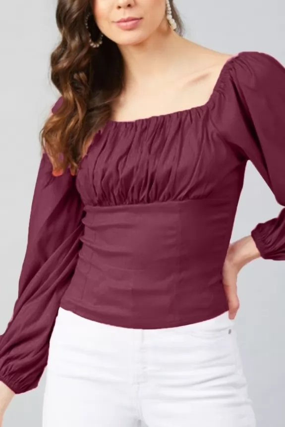 Maroon Puff Sleeve Ruched Fitted Top