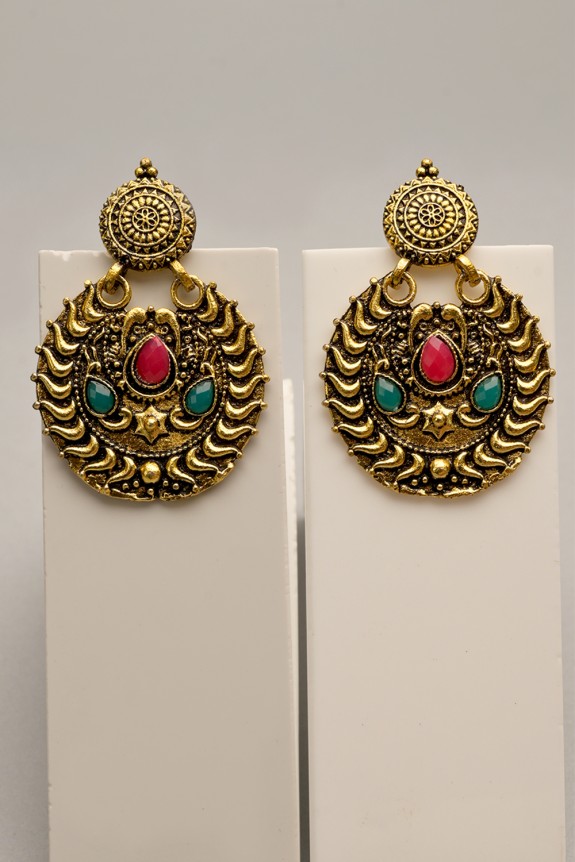 Ethnic Green & Red Stone Earrings