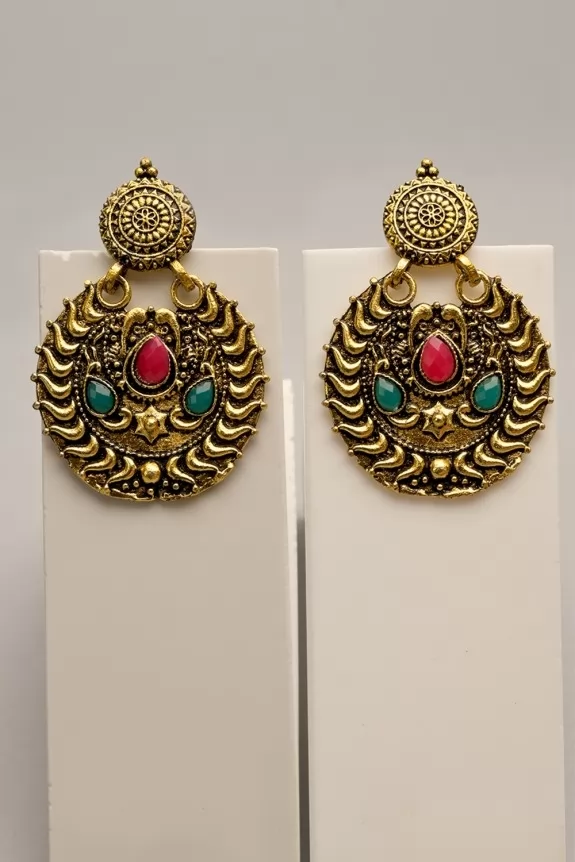 Ethnic Green & Red Stone Earrings