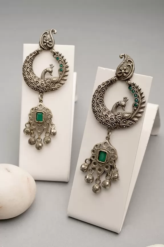 Peacock Silver Green Stone Earring