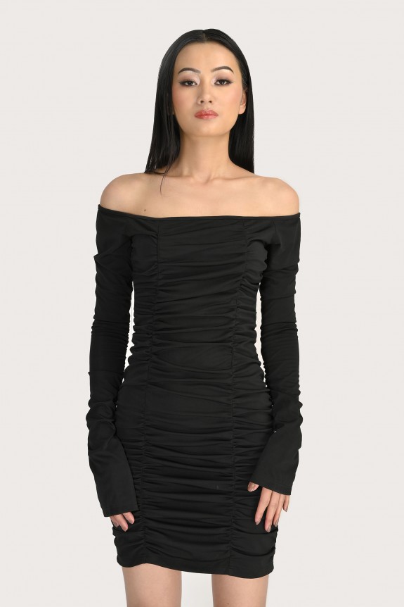 Black Off-Shoulder Gathered  Bodycon Dress