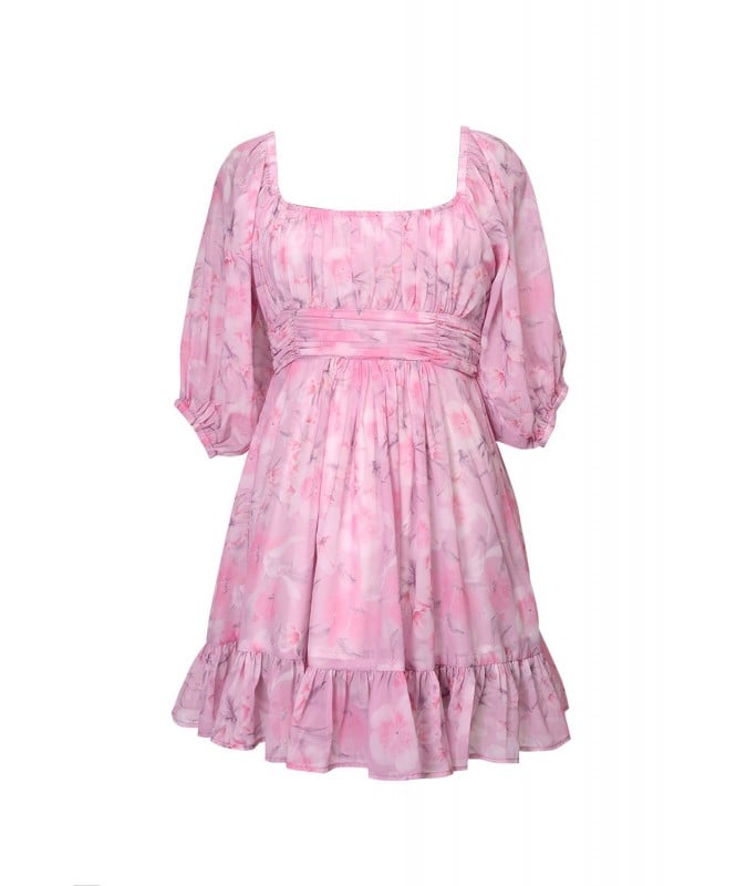 Pink Floral Print Puff Sleeves Dress