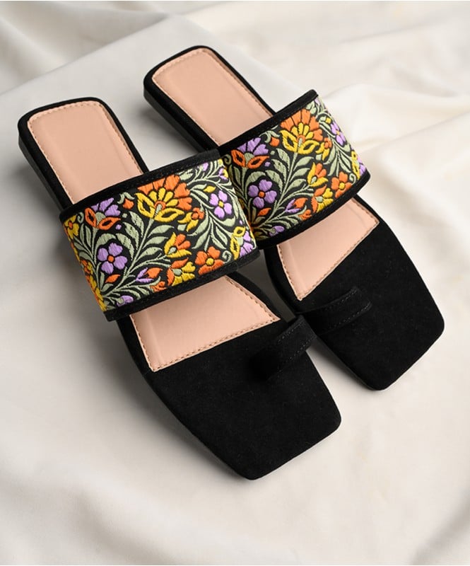 Flowers on black suede flats