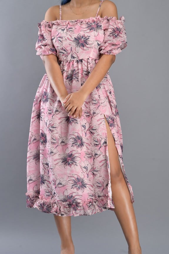 Pink Floral Print Side Slit Georgette Dress