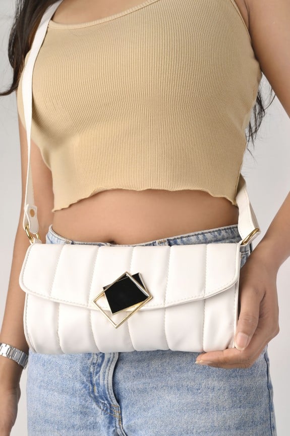 white shine quilted bag with sling