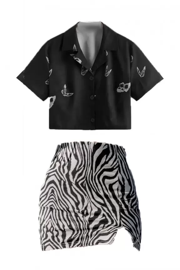 Set Of 2 - Zebra Printed Mini Skirt With Butterfly Crop Shirt
