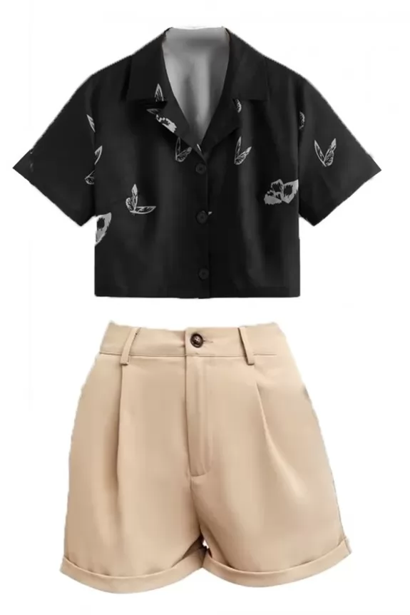 Set Of 2- Beige Shorts & Butterfly Printed Crop Shirt