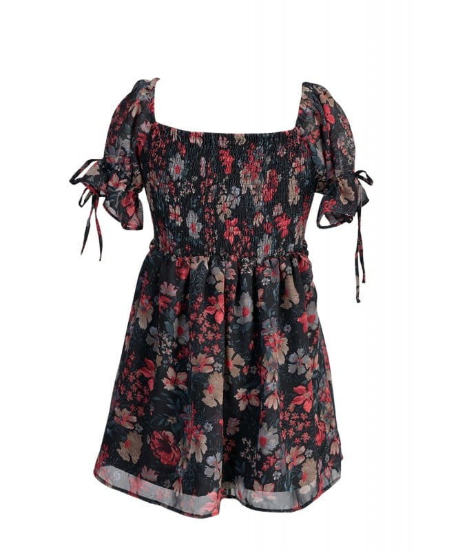 Floral  Puffed Tie Sleeve Dress