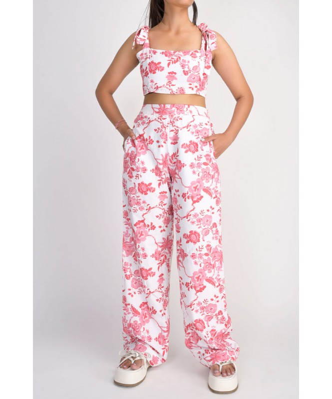 Clover Floral Printed  Shoulder Tie Top With Wide-Leg Trouser - Set Of 2