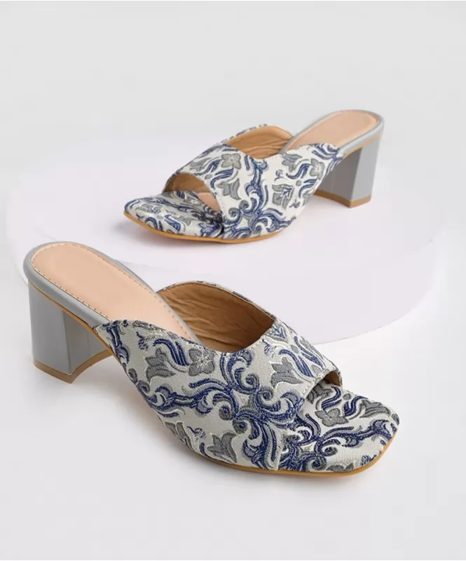 Blue ethnic printed heels