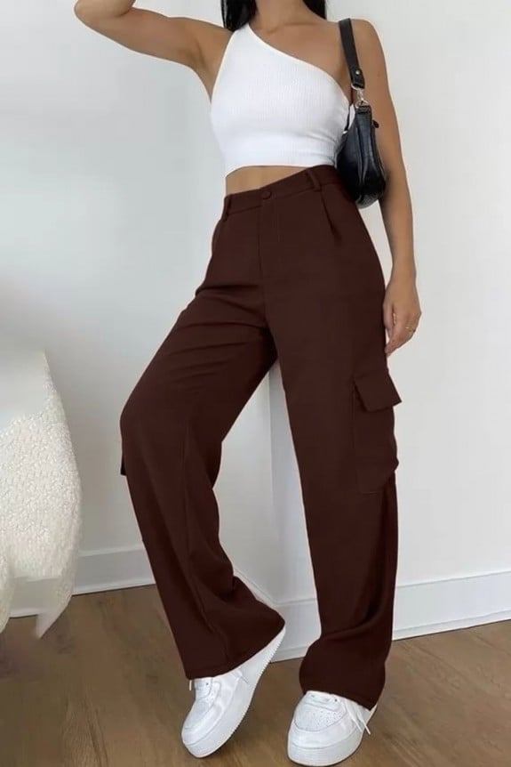 White Crop Top With Brown Trousers