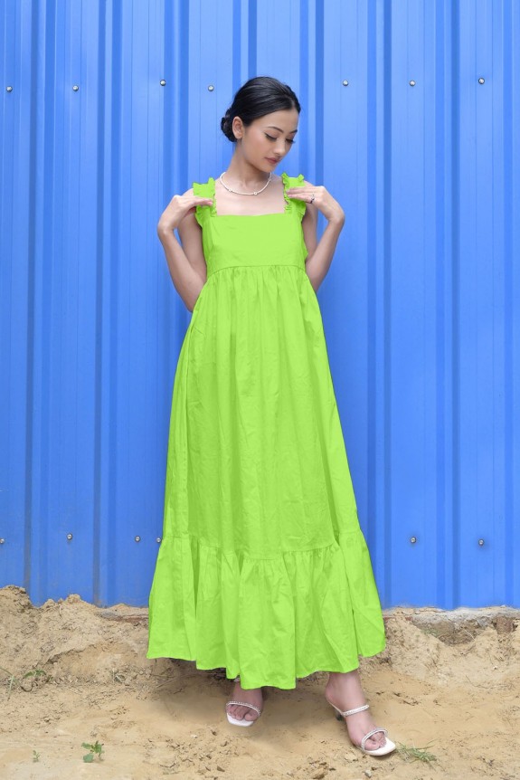 Neon Green Ruffle Sleeves Maxi Dress