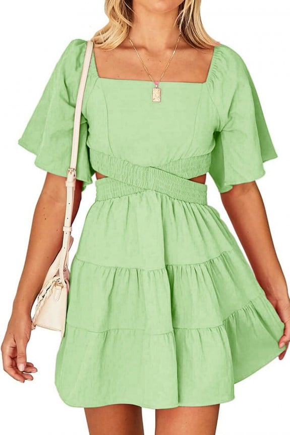 Green Front Cross Ruffle Dress