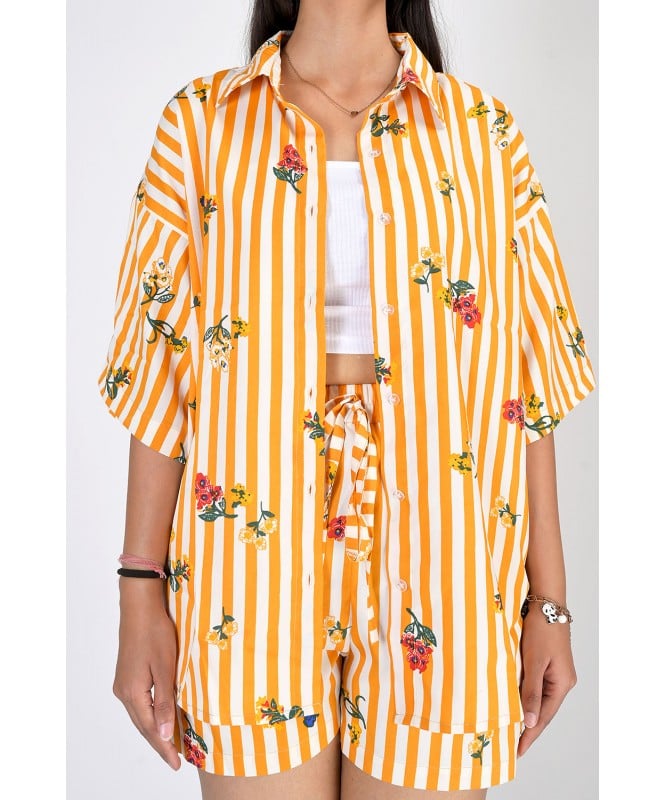 Set of 2- Yellow Printed Oversized Shirt With Shorts 