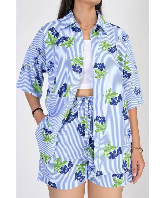 Set of 2- Blue Floral Printed Shirt With Shorts
