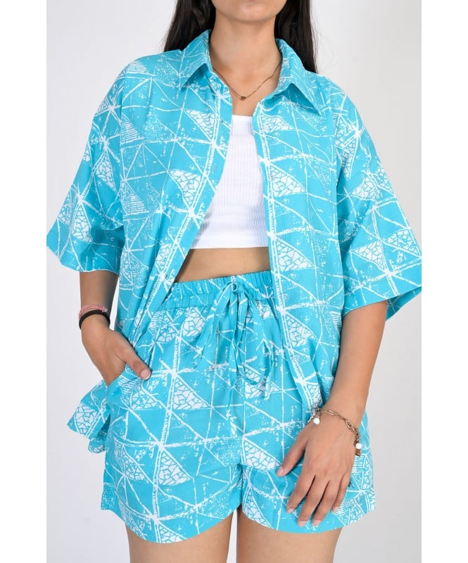 Set of 2- Sky Blue Printed Shirt With Shorts