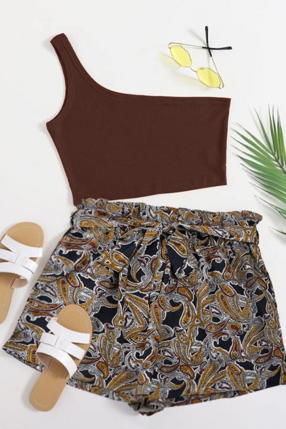 Set of 2- One Shoulder Rib Top With Printed Shorts