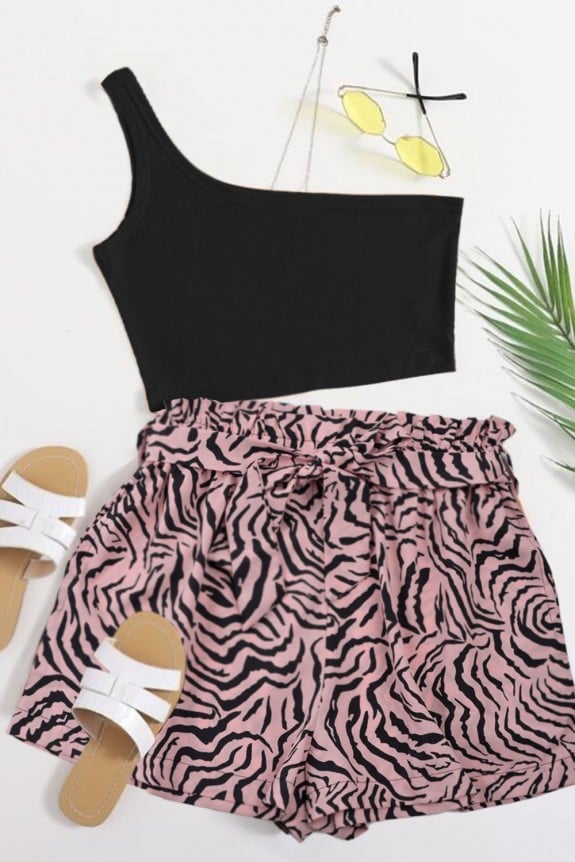 Set of 2- One Shoulder Rib Top With Pink Printed Shorts