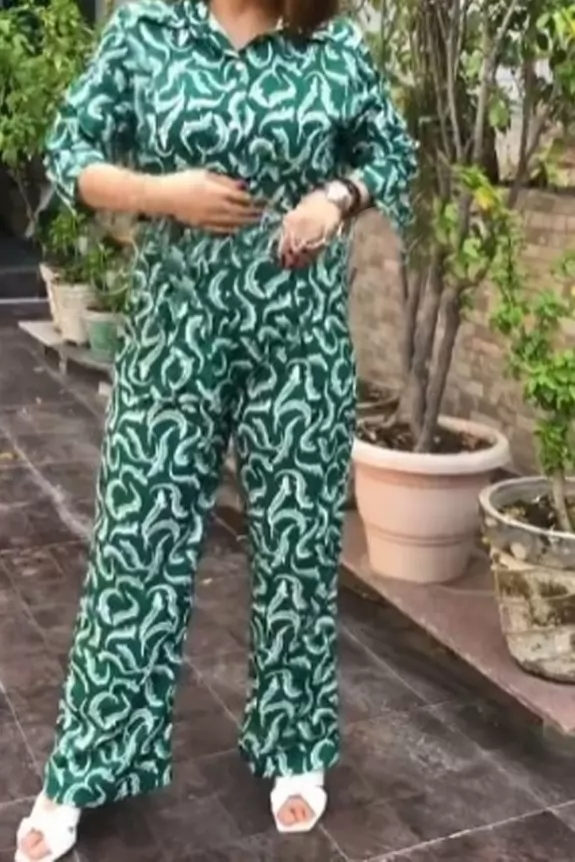 Green Print Shirt And Trousers 