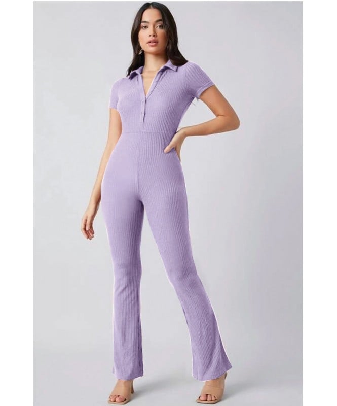 Lavender Ribbed Button-Up Bodycon Jumpsuit