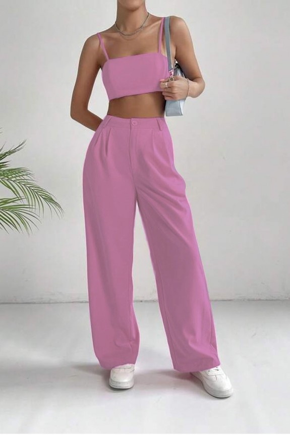 Set Of 2-Pink Crop Top With Wide-Leg Trouser 