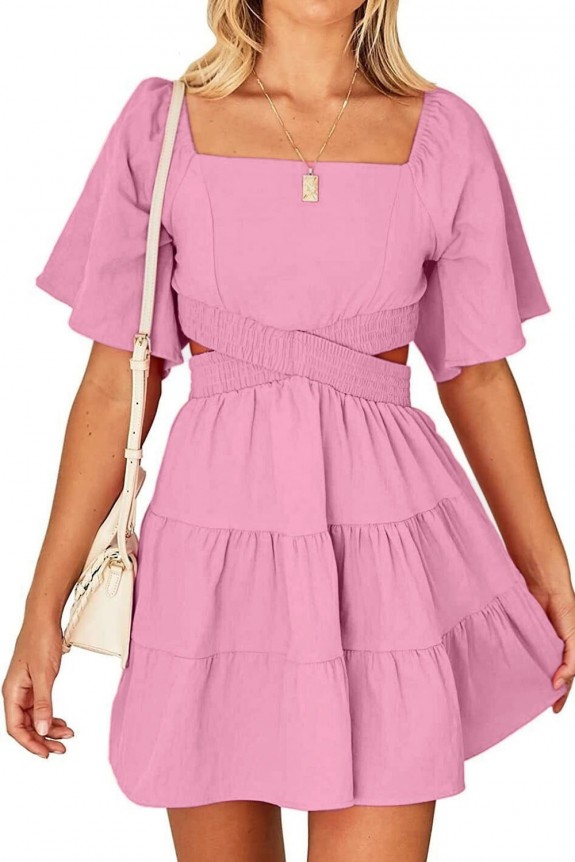 Pink Front Cross Ruffle Dress