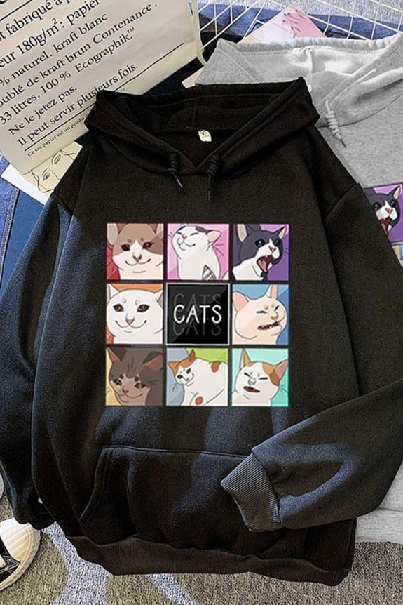 Meme Cat Print Hoodie
