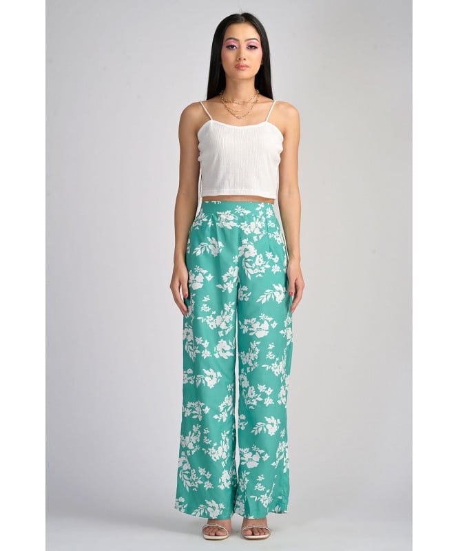 Set of 2:- Floral Straight Pant with Rib Crop top