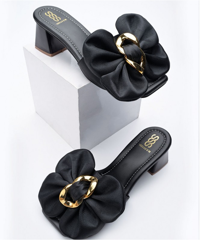 Black satin bow heels, Street Style Store