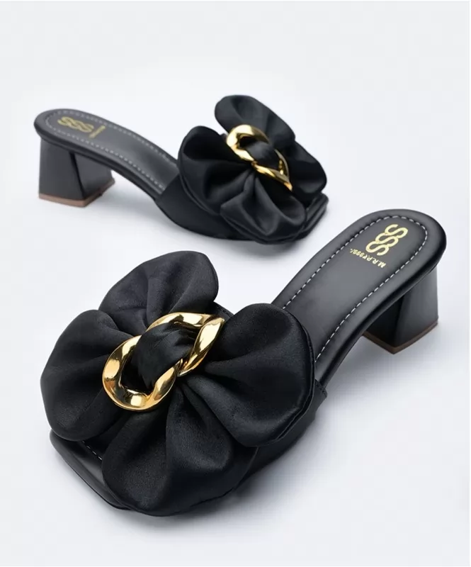 Black satin bow heels