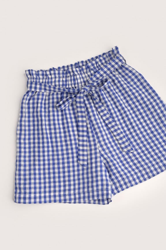 Blue & White Plaid Front Tie Shorts
