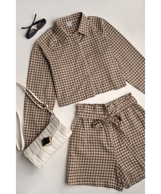 Set Of 2 - Beige Checked Shirt & Shorts