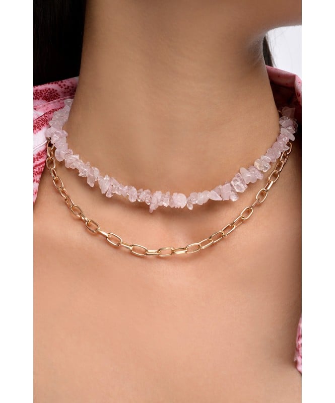 Pink Crushed Stone Beaded Chain Necklace