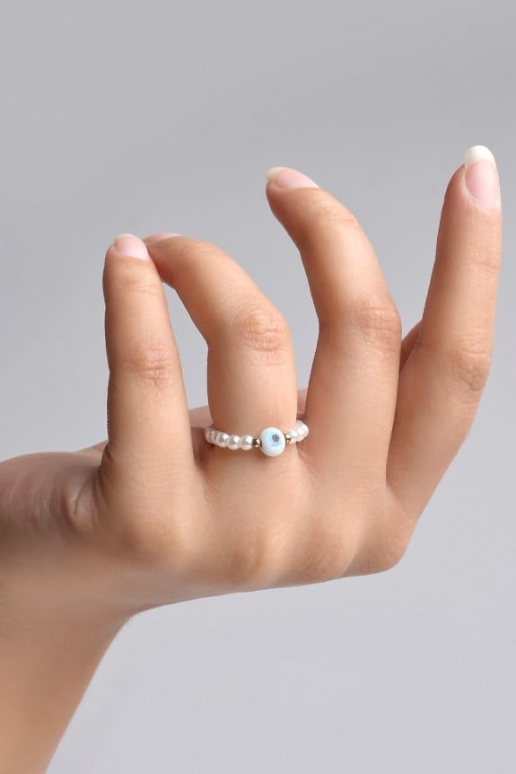 White Evil Eye Pearl Beaded Ring