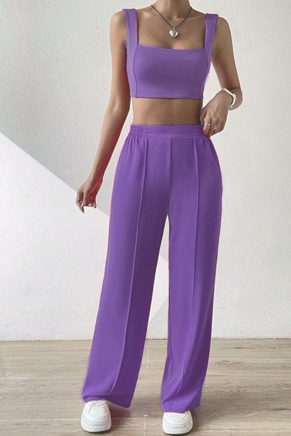 Purple Square Neckline Crop Top With Trouser