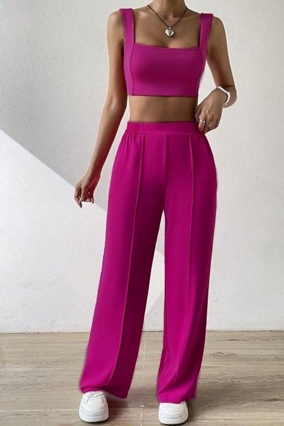 Hot Pink Square Neckline Crop Top With Trouser