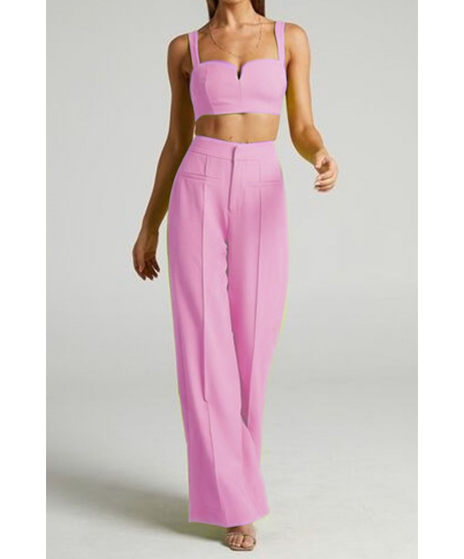 Set Of 2 - Baby Pink Notch Neckline Crop Top With Trouser