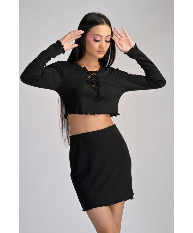 Set Of 2- Black Ribbed Twisted Tie Crop Top & Mini Skirt