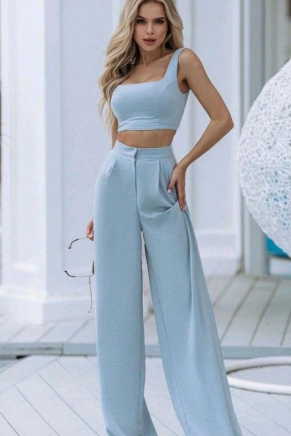 Set Of 2-Pastel Blue Crop Top With High Rise Smart Pants