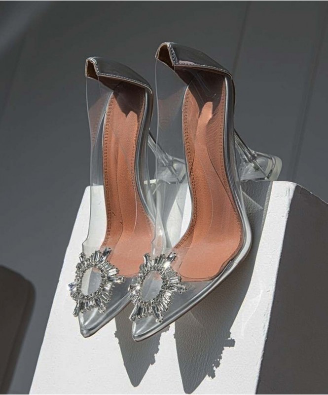 Transparent silver embellished ballerina heel