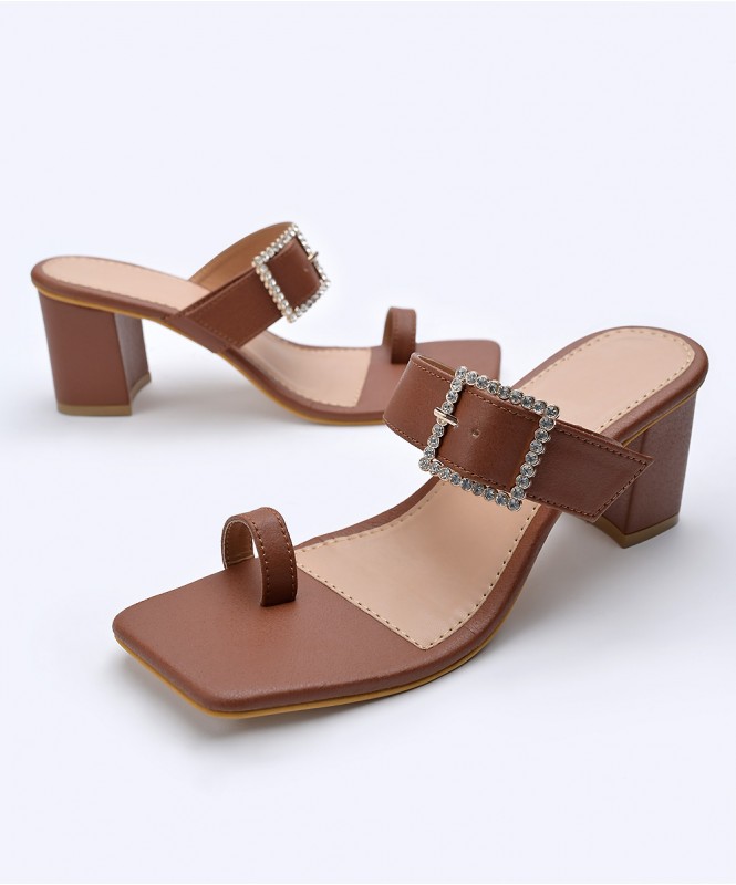 Brown embellished buckle heel