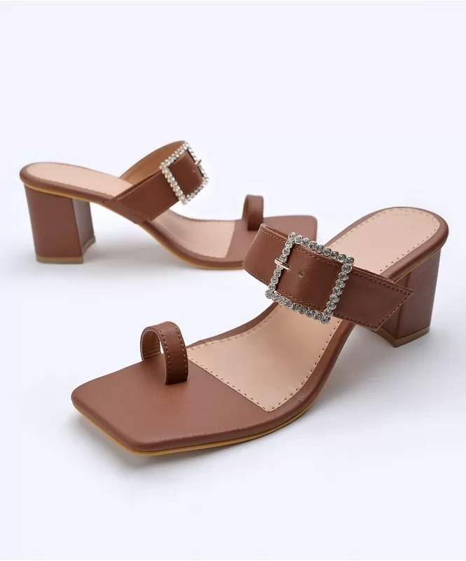 Brown embellished buckle heel