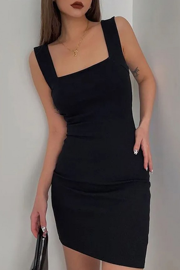 Black Wide Square Neck Day Out Dress