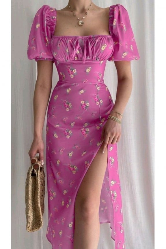 Fushcia Pink Floral Front Slit Dress