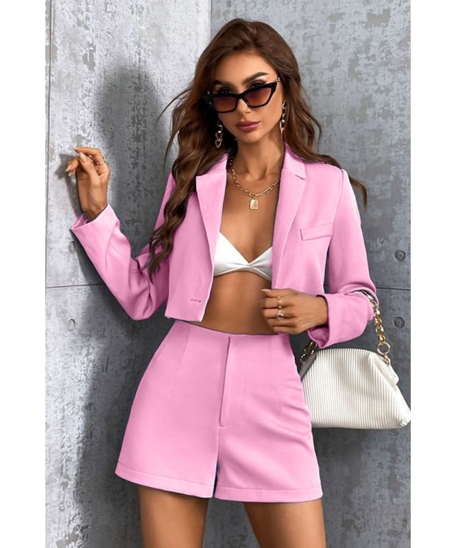 Set Of 2 - Baby Pink Crop Blazer With Shorts
