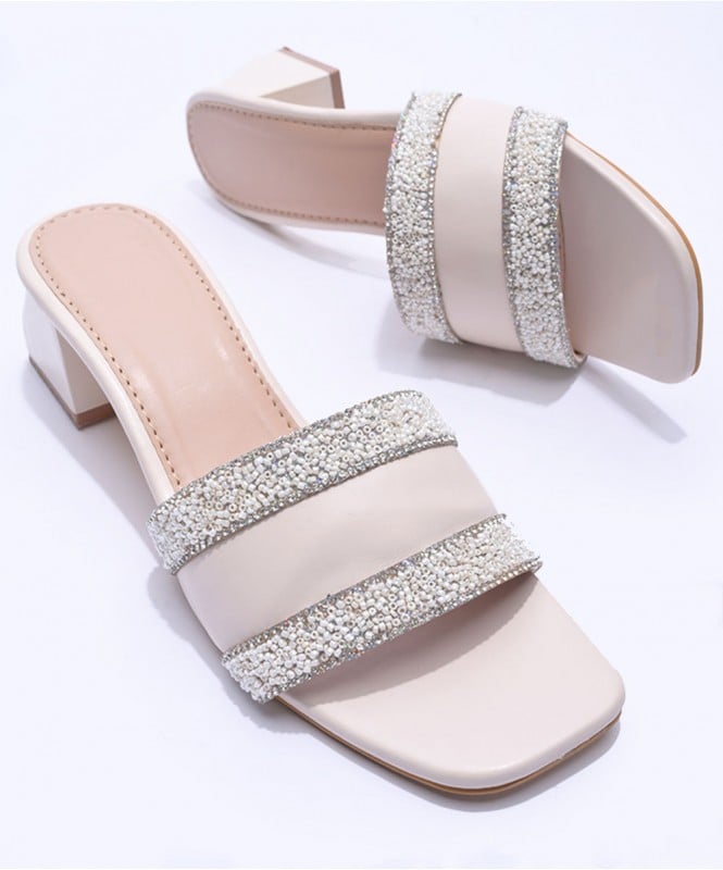 Cream embellished strap heels 