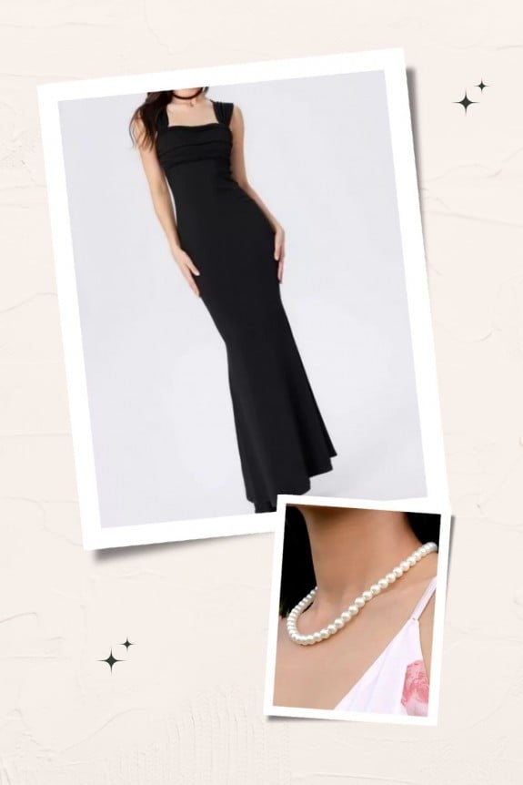 Combo of 2 - Black Bodycon Long Dress With Pearl Necklace