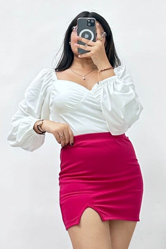 Set of Two-Puffed Sleeve White Top with Hot Pink Skirt